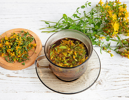 Floral herbal tea blend in a teacup